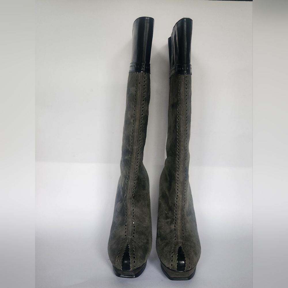 BCBGirls Gray Suede Platform Boots w/Black Patent Leather.